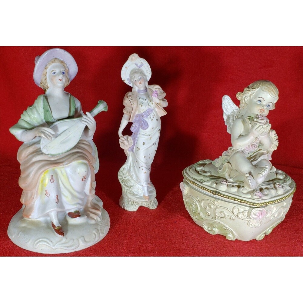 Various Antique Porcelain Women Figurines and Cherub Jewelry Dish